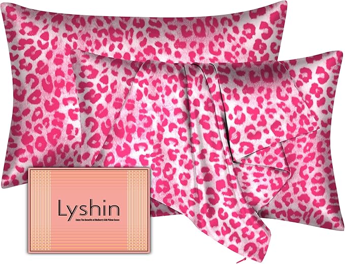 Silk Pillow Cases 2 Pack King Size with Hidden Zipper, Mulberry Silk Pillowcase for Hair and Skin, Smooth and Soft Breathable Cooling Silk Satin Pillowcase Set of 2, Gifts for Women，Leopard Pink