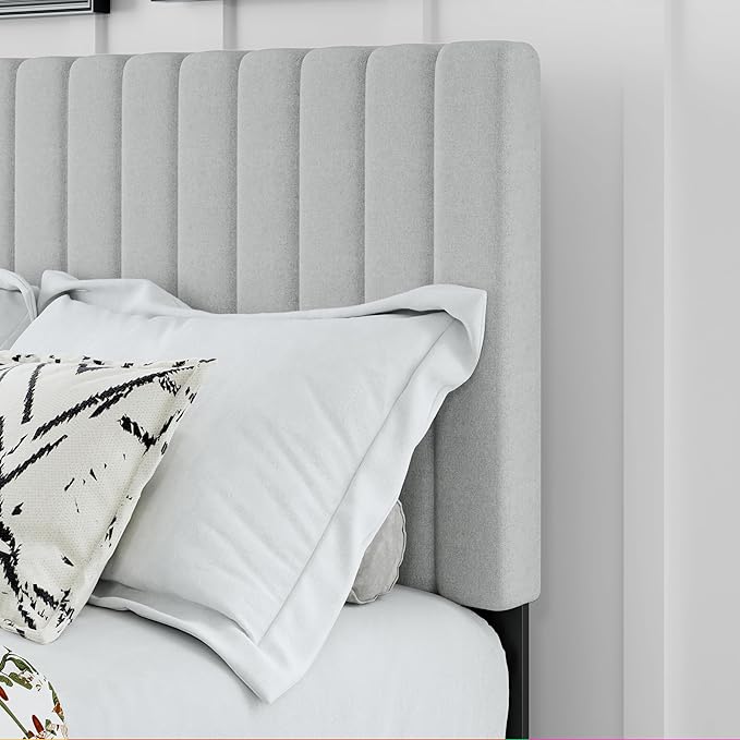 Twin Bed Frame, Fabric Upholstered Platform Bed Frame with Adjustable Headboard, Vertical Quilted Design, Sturdy Slatted Mattress Base, Easy to Assemble, Light Gray
