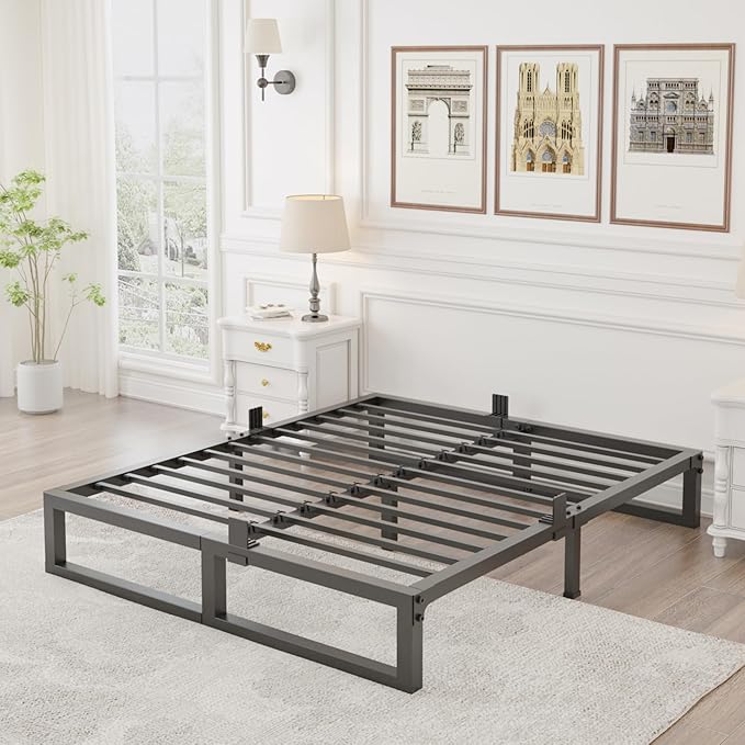 Yitong Angel 10 inch Full Size Bed Frame Low Profile Metal Platform Frames with Mattress Slide Stopper,Heavy Steel Slats Support,No Box Spring Needed,Noise Free,Non-Slip,Easy Assembly