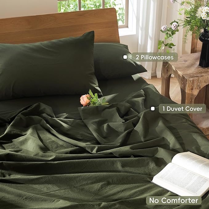 MooMee Bedding Duvet Cover Set 100% Washed Cotton Linen Like Textured Breathable Durable Soft Comfy (Solid Olive Green, Oversized Full 82"x86")