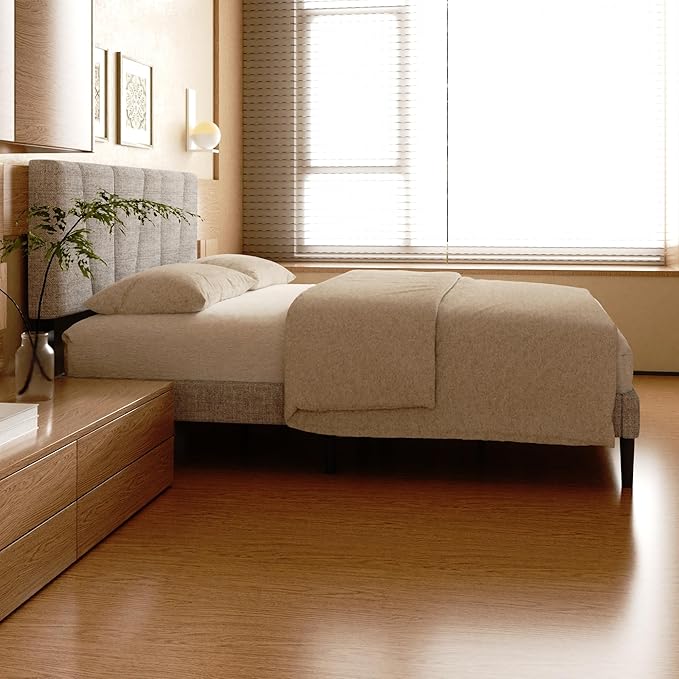 Full Size Bed Frame, Linen Upholstered Platform Bed with Headboard, Strong Wooden Slats Support, Noise-Free Mattress Foundation, No Box Spring Needed, Easy Assembly, Light Grey