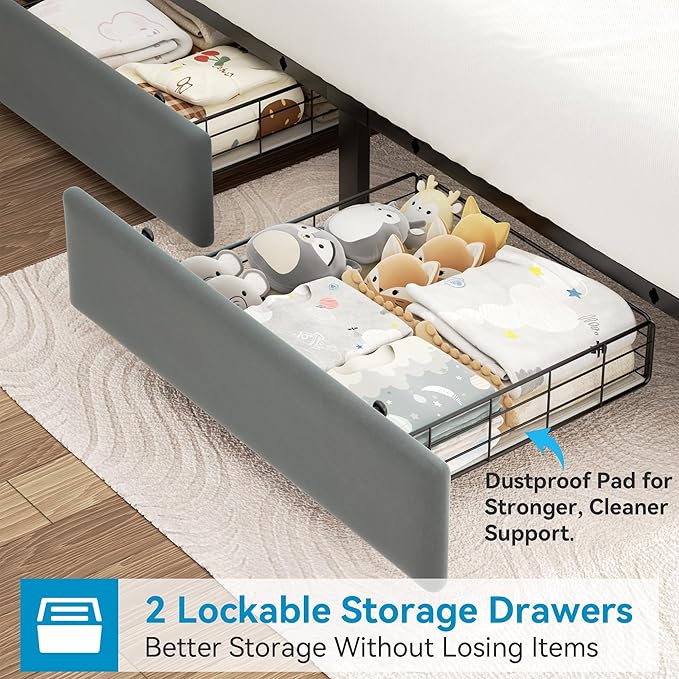 Jocoevol Full Upholstered LED Bed Frame with 2 Storage Drawers and 2-Tier Storage Headboard, Velvet Platform Bed with Charging Station & Bookcase, Corner Bed Frame, Heavy Duty Metal Support, Grey
