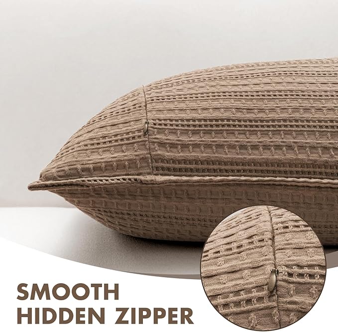 100% Cotton Waffle Pillow Shams Standard Size, 2 Pack 20x26 Decorative Pillow Covers for Bed Couch Sofa, Neutral Weave Cushion Cases Modern Farmhouse Home Decor, Brown