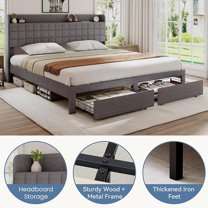 DUMOS King Size Upholstered Platform Bed Frame, King Bed with Storage Drawers and Fabric Headboard, Wooden Slats Support, 1323 lbs Weight Capacity, No Box Spring Needed, Easy Assembly, Gray