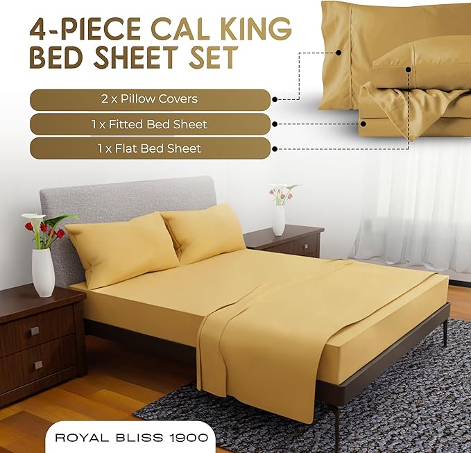 California King Sheets Set - 4 Piece Bedding - Wrinkle Free, Fade Resistant, Double Brushed Microfiber - Deep Pockets/Easy Fit - 1800 Series Ultrasoft, Cooling Sheets (Gold)