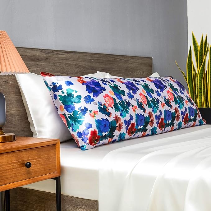 MR&HM Satin Body Pillow Cover, Soft and Breathable Body Pillow Case with Envelope Closure, Cooling and Silky Long Pillowcase for Hair and Skin,Grey (20x54, Floral Mixted)