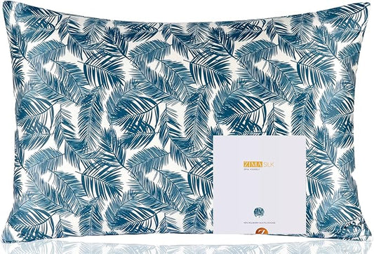 ZIMASILK 100% Pure Mulberry Silk Pillowcase for Hair and Skin Health,Both Sides 19 Momme Silk Floral Print,1pc (Standard 20''x26'',Blue Leaves)