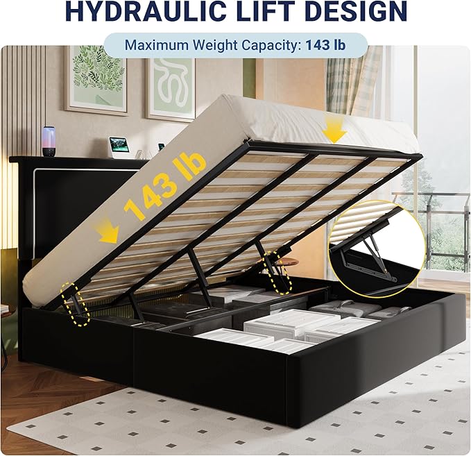 Allewie King Size Lift Up Storage Bed Frame with Charging Station & LED Lights, Adjustable Velvet Upholstered Storage Headboard, Type-C & USB Ports, Hydraulic Support, No Box Spring Needed, Black