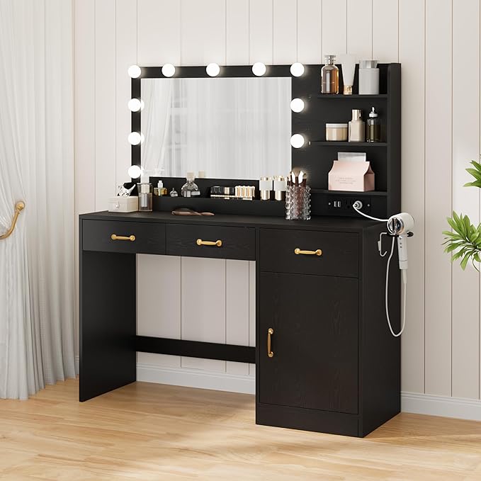 GarveeHome Vanity Desk with Mirror and Lights, Makeup Vanity with Power Outlet & 11 LED Bulbs, Pure Black Dressing Table with 3 Drawers and Storage Shelves, Modern Makeup Table for Bedroom, Standalone