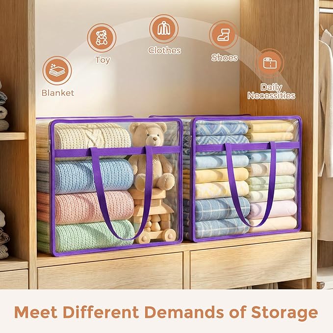 4 Pack Clear Zippered Storage Bags for Clothes, Closet Organizers and Storage Vinyl Bag for Bedding, Linen, Blankets, Comforters, Clothes & Toys Multi Purpose & Space Saver PVC Organizers