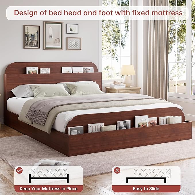 Garvee Full Size Bed Frame with Storage Headboard and Raised Footboard – Wooden Full-Floor Low Platform Bed for Bedroom, Heavy Duty & Noise Free, No Box Spring Needed, Red Peach Wood