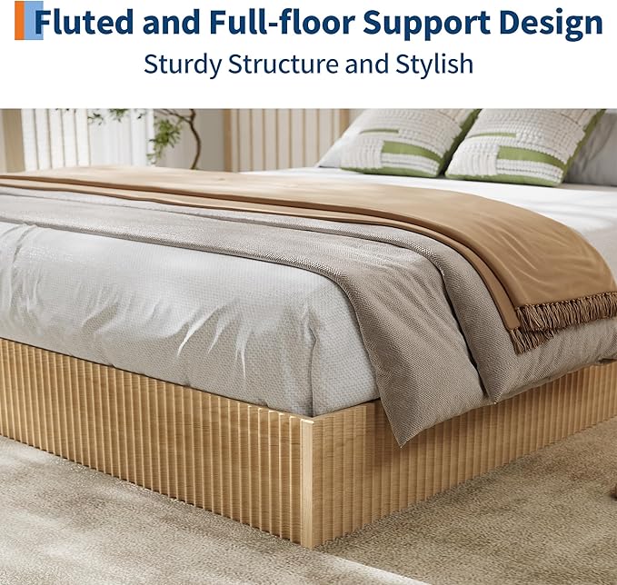 Garvee Twin XL Bed Frame, Wood Platform Bed with Fluted Design, Low Profile BedFrame, Minimalist Bed Base with Noise-Free, Easy Assembly, No Box Spring Needed, Natural