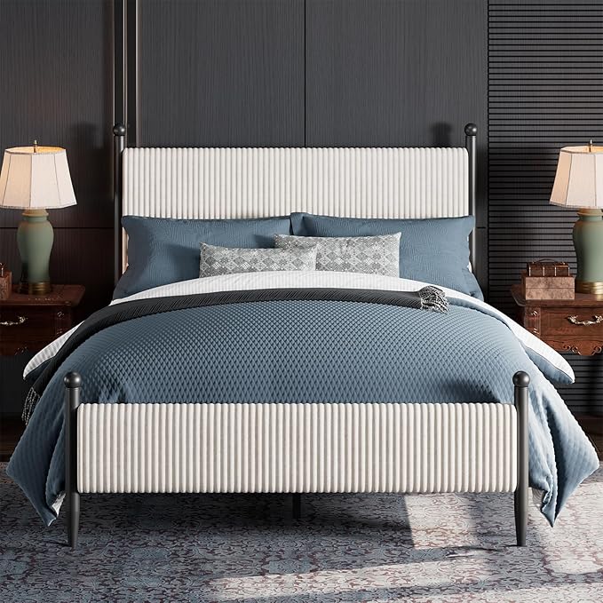 Garvee Full Size Upholstered Bed Frame - with Velvet Headboard, Soft Corduroy Fabric Platform with Wooden Slats Support & Heavy Duty Feet, No Box Spring Needed, Noise Free, Easy Assembly, White