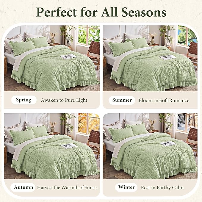 JOLLYVOGUE Sage Green King Comforter Set, 3 Pieces Seersucker Comforters King Size, Lightweight & Fluffy Bedding Sets King for All Season with 1 Ruffle Comforter and 2 Ruffle Pillowshams