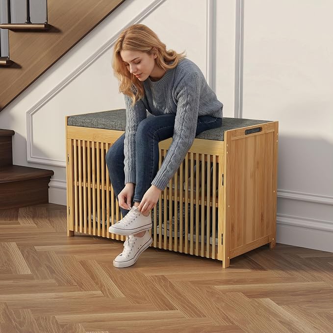 WISUCART Shoe Storage Bench with Cushion Seat, Bamboo Entryway Shoe Rack Bench, 2-Tier Shoe Organizer for Entryway, Bedroom, Hallway, Living Room, Holds Up to 330 lbs, Nature