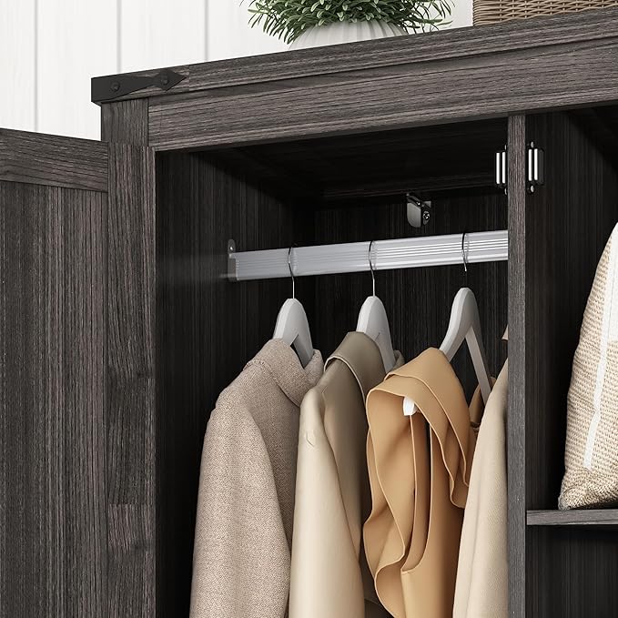 Hlivelood 2 Doors Wardrobe Armoire Closet with Doors and Drawers, Farmhouse Wooden Armoire Storage Cabinet with Shelves & Hanging Rod for Bedroom, Grey