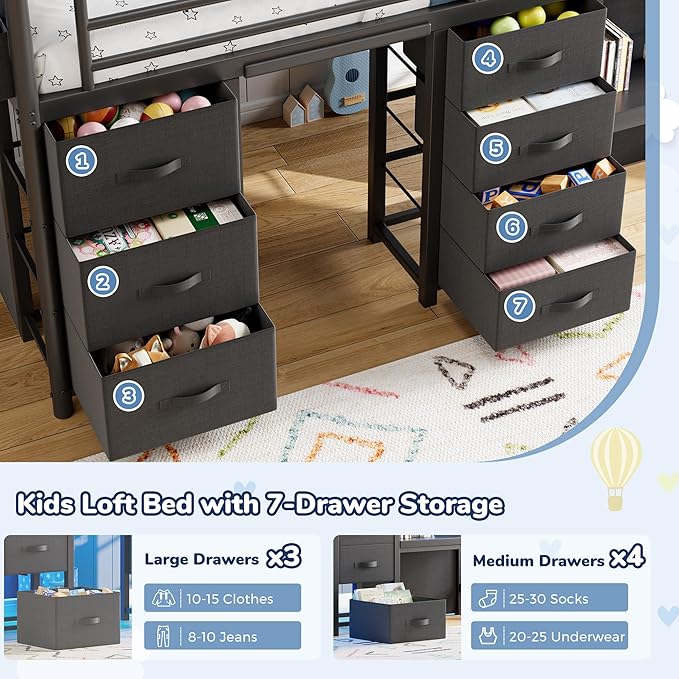 Low Loft Bed Twin Size with 7 Storage Drawers, Desk and LED Lights, Heavy Duty Metal Kids Loft Bed with 12" H Safety Guardrail, Anti-Collision Pad, Private Play Curtain, Under-Bed Play Space - Black