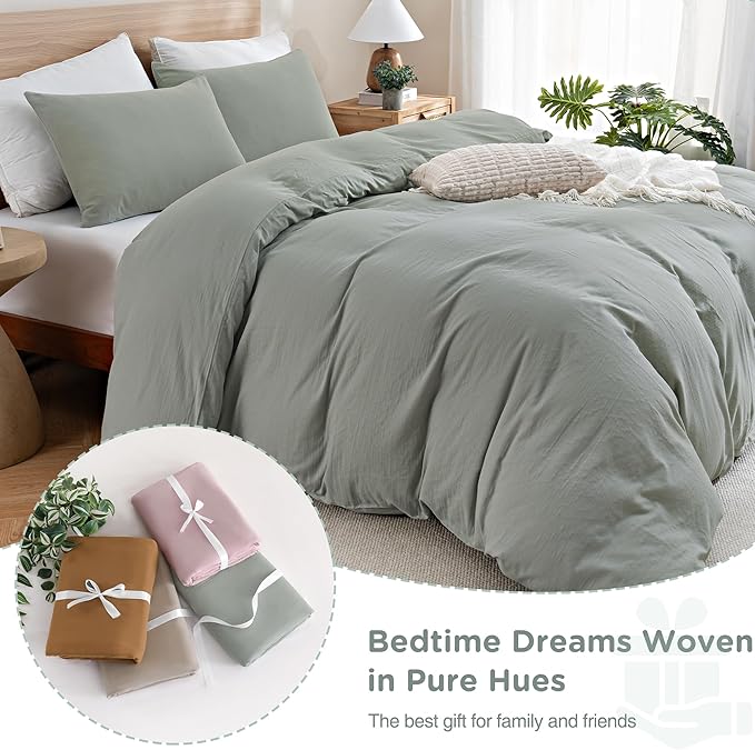 TOCOMOA Muslin Duvet Cover 100% Cotton Like Linen Texture Breathable Soft Comfy 3-Piece Sage Green Comforter Cover Bedding Set (King 104"x90", Comforter Not Included)