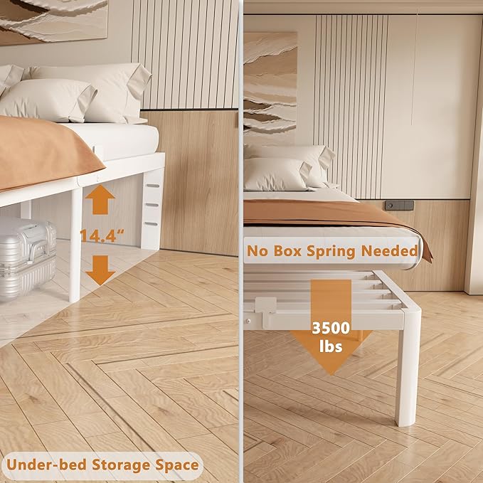 16 Inch Bed Frame Queen Size with Metal Gaskets, Heavy Duty Queen Platform Bed Frame No Box Spring Needed, DIY Headboard, Anti-Slip Mattress Stopper, Round Corner Leg, Easy Assembly, White
