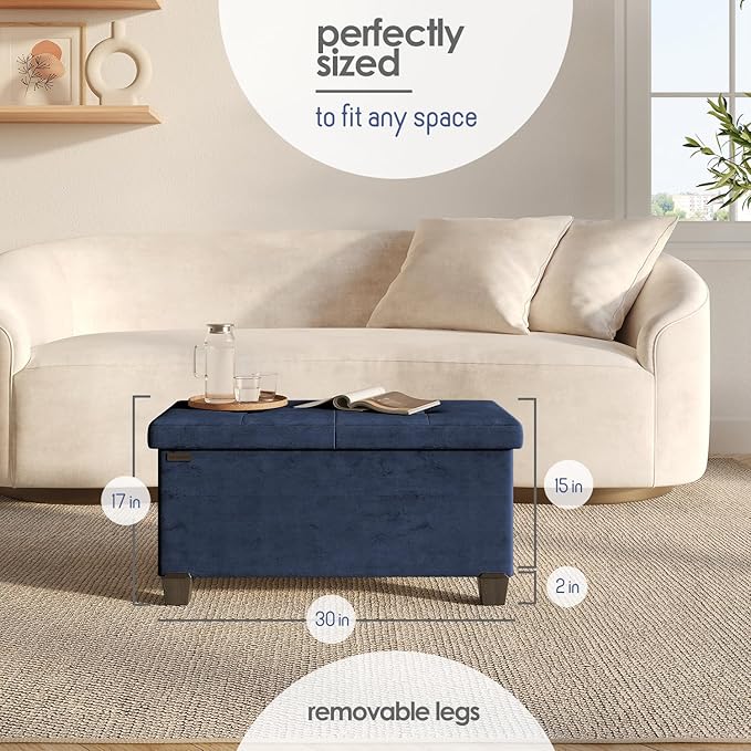 Storage Ottoman Bench with Bins, 30-in Storage Bench for Bedroom End of Bed, Folding Foot Rest Ottoman for Living Room Max 660lbs, Velvet Ottomans, Blue