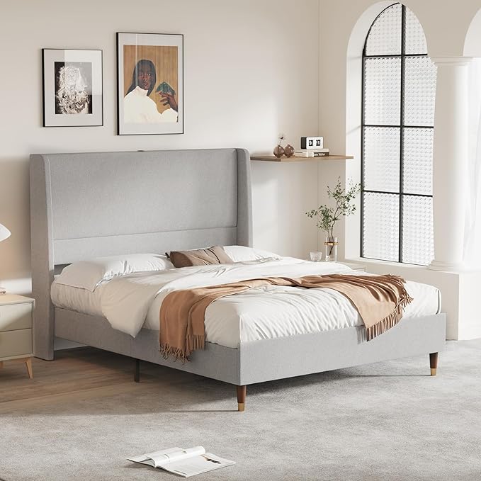 MALOL Queen Size Bed Frame with Upholstered Headboard, Linen Fabric Platform Bed Frame with USB Charging Ports, No Box Spring Needed, Sturdy Metal Support, Noise Free, Modern Bedroom Furniture,Grey