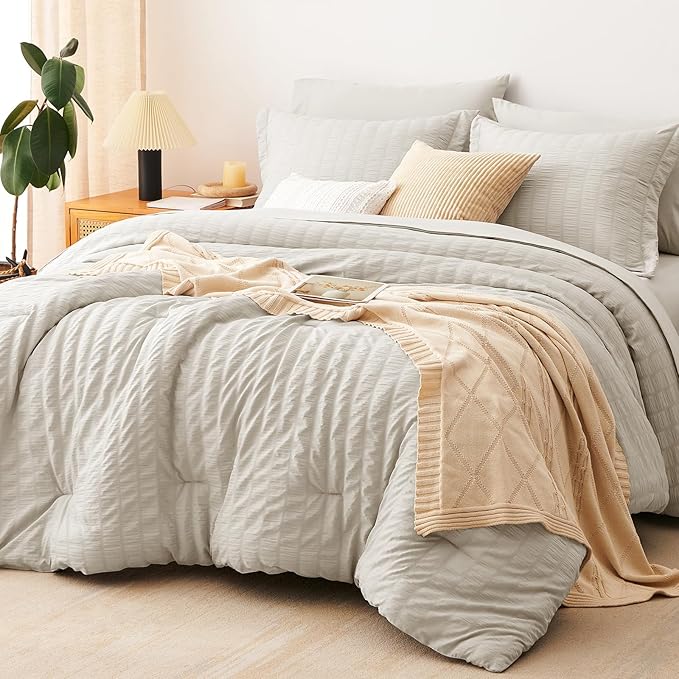 CozyLux Oversized King Comforter Set Beige Seersucker 7 Pieces 120x98 Bed in a Bag Comforter Set with Sheets, Luxury Soft Bedding Sets with Down Alternative Comforter, Sheets, Pillowcases & Shams