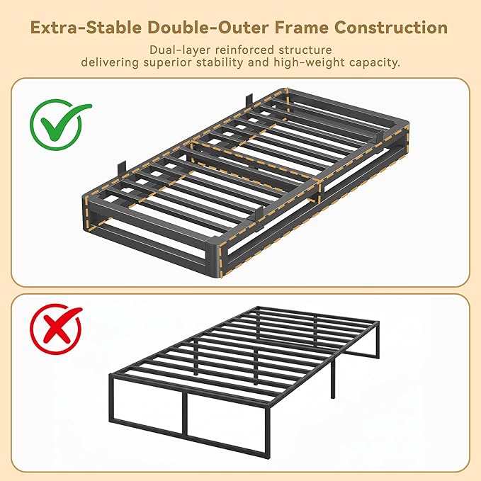 6 Inch Twin Bed Frames with Rounded Corner and Squeak Free U-Slot Design, Metal Platform Bed Frames 6 Non-Slip Guards, 3500lbs Heavy Duty Steel Slat Support, No Box Spring Needed, Black