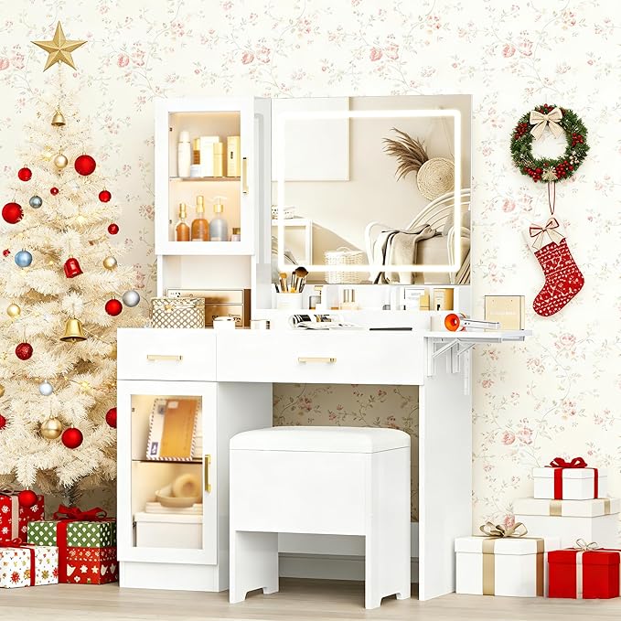 KAMABOKO Vanity Desk with Mirror, LED Lights and Power Outlet, Makeup Vanity Table with Cabinet and 2 Drawers, Dressing Table with Stools for Bedroom (White)