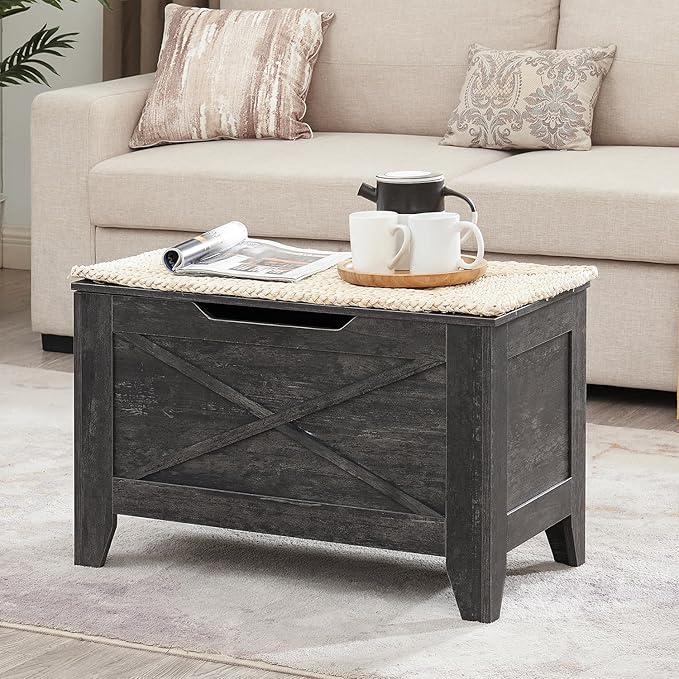 VECELO 30" Storage Chest with Lift Top Storage, Farmhouse Style Ottoman with Handwoven Wicker Cushion, Safety Hinges, Ideal for Entryway, Bedroom, Living Room, Coal Gray