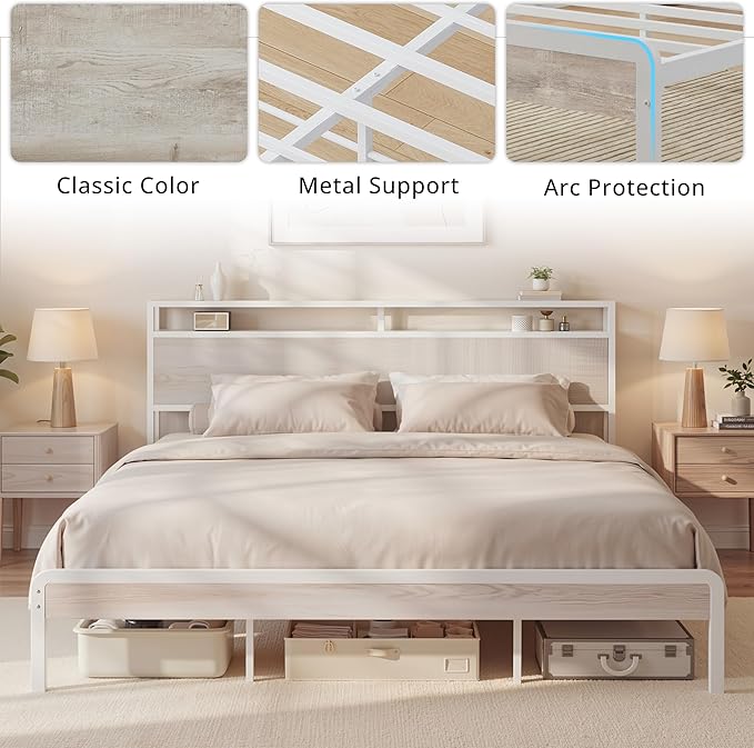 LIKIMIO King Bed Frame with Headboard, Wood Camas King with Strong Supports, Sturdy, Noise-Free, No Box Spring Needed, White Maple