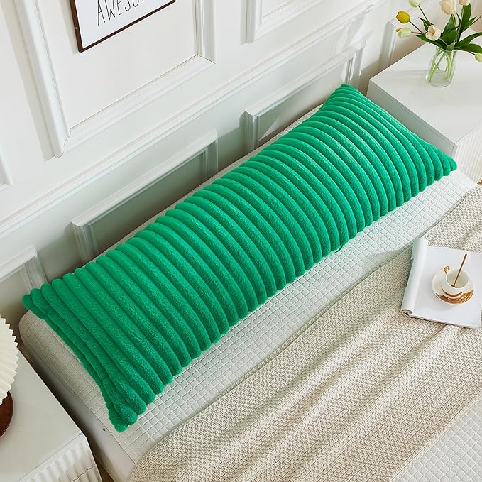 JAUXIO Faux Fur Fluffy Body Pillow Cover Luxury Textured Vertical Stripe Plush Decorative Body Pillowcase, Ultra Soft and Cozy Zipper Closure 21 x 54 Inches, Emerald Green