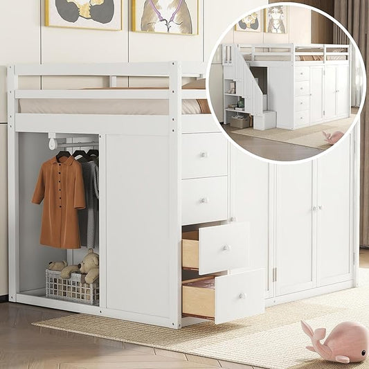 Quarte Multifunctional Loft Bed, Full Size Loft Bed with Built-in Wardrobes, Cabinets and Drawers for Kids Teens Adults, No Box Spring Required (White/Pine3, Full)