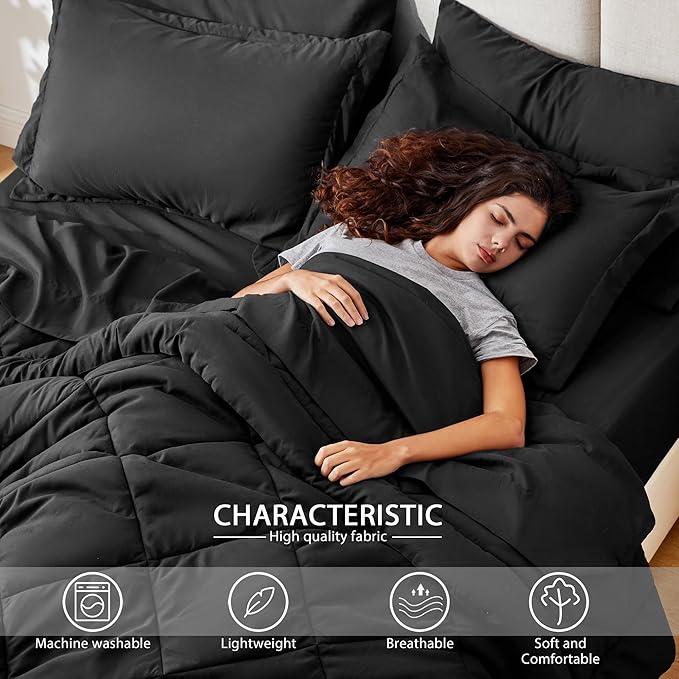 Love's cabin Twin Comforter Set Black, 5 Pieces Twin Bed in a Bag, All Season Bedding Sets with 1 Comforter, 1 Flat Sheet, 1 Fitted Sheet, 1 Pillowcase and 1 Pillow Sham | Soft, Breathable, Lightweight, Comfortable