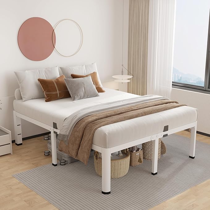 ROIL 14 Inch White Queen Bed Frame with Rounded Corner and Headboard Hole Mattress Retainers 3500LBS Heavy Duty Steel Slats No Box Spring Needed Platform Noise-Free Easy Assembly