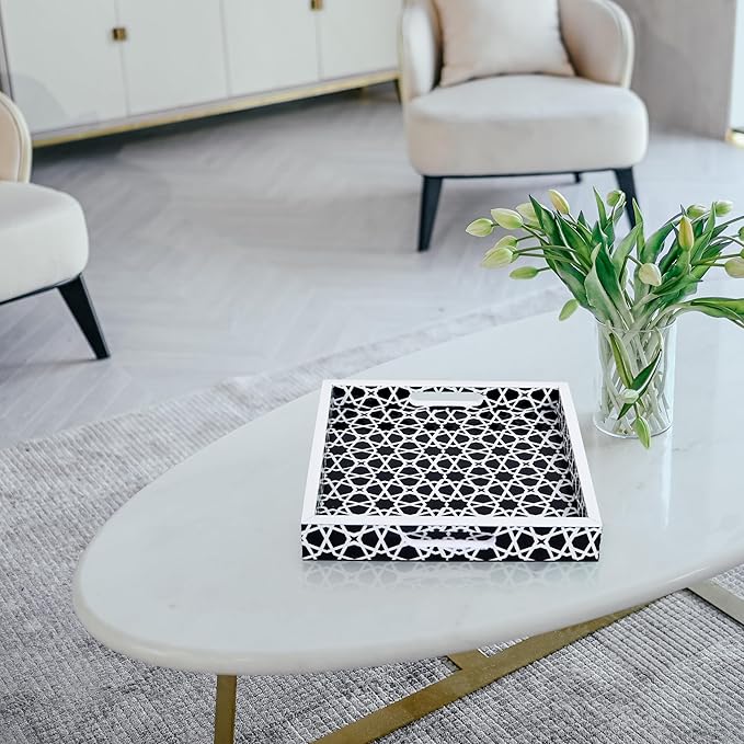 Handicrafts Home 12x12 Ottoman Tray with Handles, Black White Zellij Pattern Decorative Tray, Wood & Resin Inlay Square Coffee Table Serving Tray for Centerpiece, Vanity, Boho Modern Home Decor