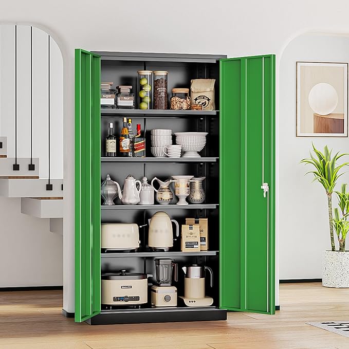 INTERGREAT Storage Cabinet,72”H Garage Steel Locking Cabinets with Doors and 4 Adjustable Shelves, Tall Lockable File Tool Cabinets for Home Office, Metal Classroom Cabinet Basement, Black-Green
