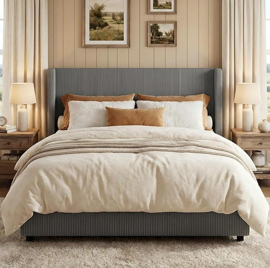 IDEALHOUSE Queen Size Upholstered Platform Bed Frame with Storage Drawers, Corduroy Wingback with Tufted Headboard and Footboard, No Box Spring Needed, Grey