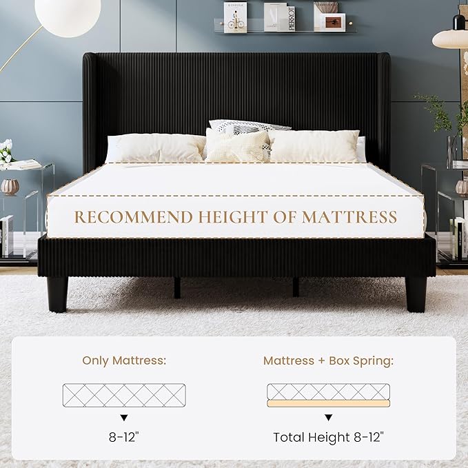 SHA CERLIN King Size Corduroy Upholstered Platform Bed Frame with Vertical Channel Tufted Wingback Headboard, 8" Under Bed Storage, Wooden Slats & Metal Frame Support, Easy Assembly, Black
