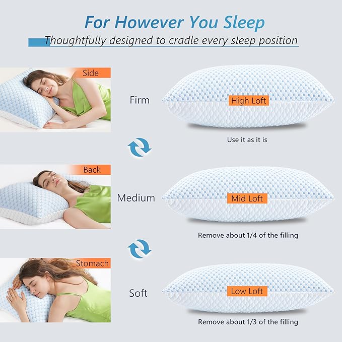 UYWO Cooling Firm Bed Pillows Set of 2, Shredded Memory Foam Pillows for Sleeping Luxury Gel Pillows for Side Back Stomach Sleepers with Removable Washable Cover(Blue, King(U.S. Standard))