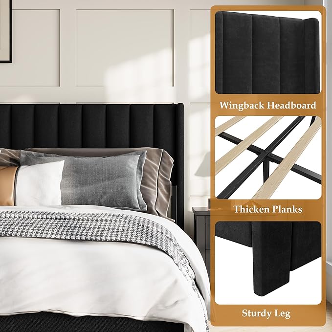 IDEALHOUSE King Bed Frame with Wingback Headboard, Velvet Upholstered Platform Bed with 2 Storage Drawers, Vertical Tufted Headboard Design, Wooden Slats Support, No Box Spring Needed, Black
