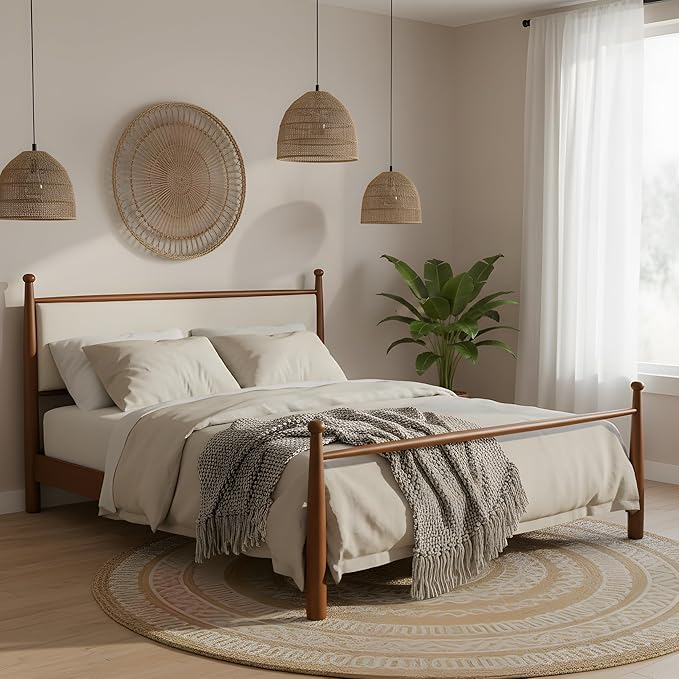 Merax Modern King Size Solid Wood Platform Bed with Upholstered Headboard, Mid-Century Low Bed Frame with Sturdy Wood Legs/No Box Spring Needed/Easy Assembly, Beige+Walnut