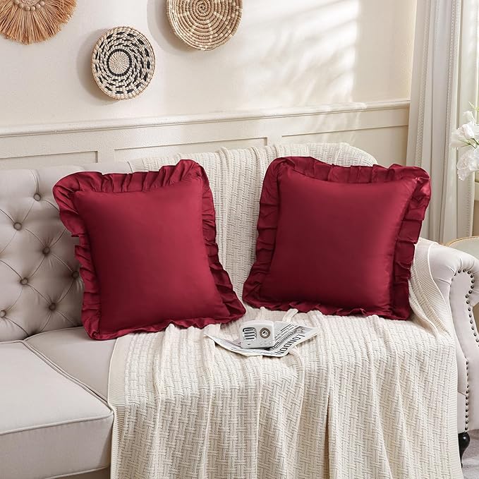 Merryword Burgundy Pillowcases 18x18 Cute Throw Pillow Covers Pack of 2 Ruffle Pillowcase Cushion for Couch Sofa Bedroom