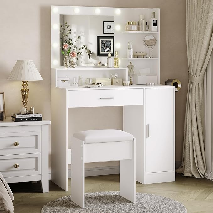 Garvee Vanity Desk with Mirror and Light, Makeup Dressing Table with Large Drawers and 3-Level Storage Dresser, 3 Lighting Modes Adjustable Brightness, Modern Vanity Set for Bedroom, White