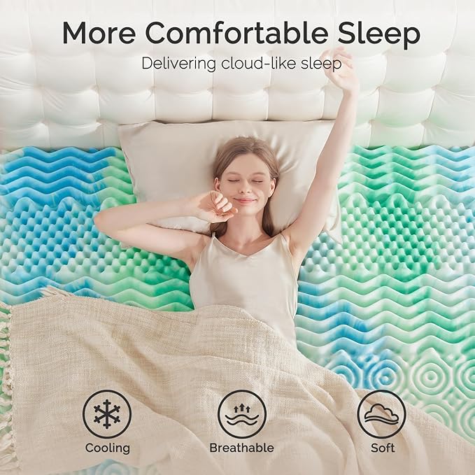 SOOSLEEPY Mattress Topper Twin XL College Dorm 2 Inch Memory Foam Egg Crate 7-Zone Extra Long Cooling Gel Infused Mattress Pad Bed Topper for Pressure Relief Soft & Breathable, CertiPUR-US Certified