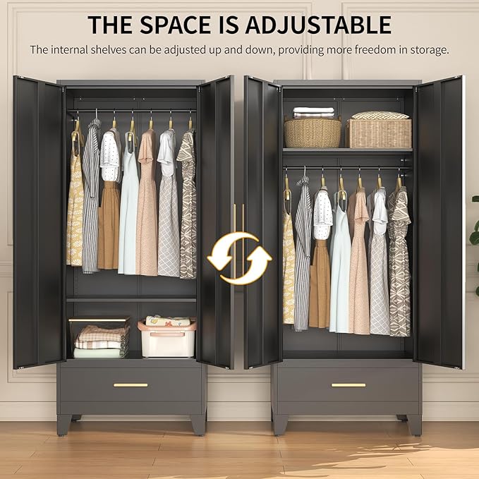 72" Tall Metal Wardrobe Closet - Large Clothing Storage Cabinet with 1 Hanging Rod, 1 Adjustable Shelve, 1 Drawer & Mirror Doors - Closet Organizer for Bedroom, Office, Laundry Room, Garage - Black