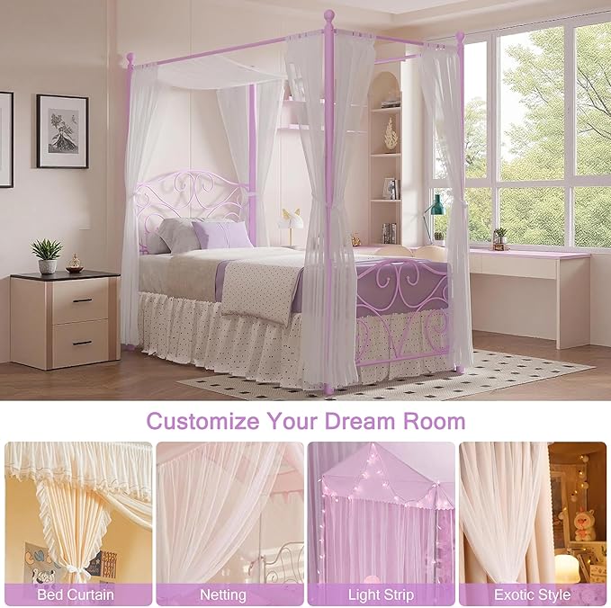 VECELO Metal Canopy Bed Frame Twin Size, 4 Posters Platform Mattress Foundation with Headboard, Heavy Duty Steel Slats Support, No Box Spring Needed, Purple
