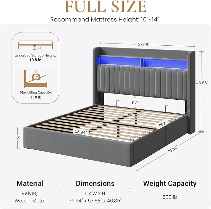 SHA CERLIN Full Size Lift Up Storage Bed Frame/LED Lights/Charging Station/2-Tier Shelves Headboard/USB,Type-C Ports/Velvet Upholstered/Hydraulic Support/No Box Spring Needed/Noise Free/Gray