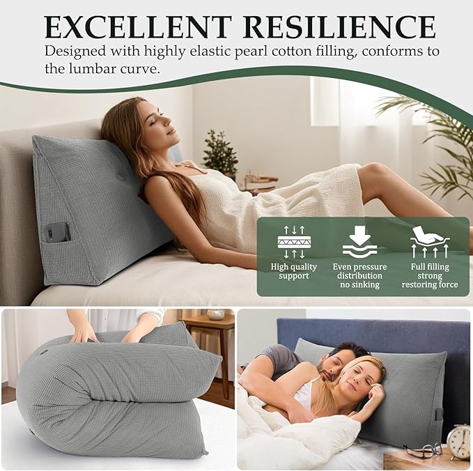 Huatean Home Soft Headboard Pillow Twin Size, Wall Backrest Wedge Pillow Headboard Twin XL, Reading Backboard Pillows, Large Dorm Daybed Bolster Pillows for Back Support with Removable Cover, Gray