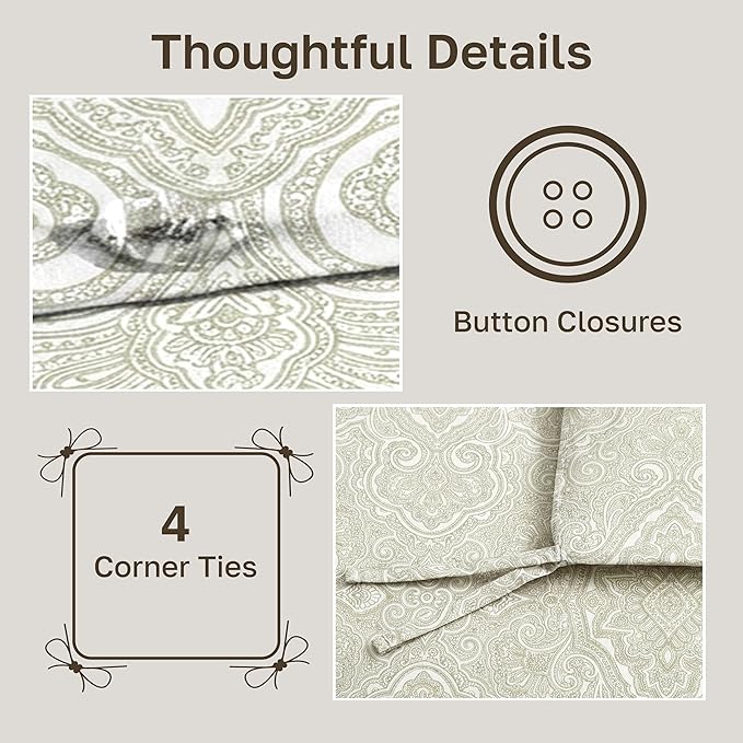 California Design Den Natural 100% Cotton Twin Duvet Cover/Twin XL Only - Premium 400 Thread Count, Soft Sateen Weave, Button Closure and Corner Ties - Paisley Beige