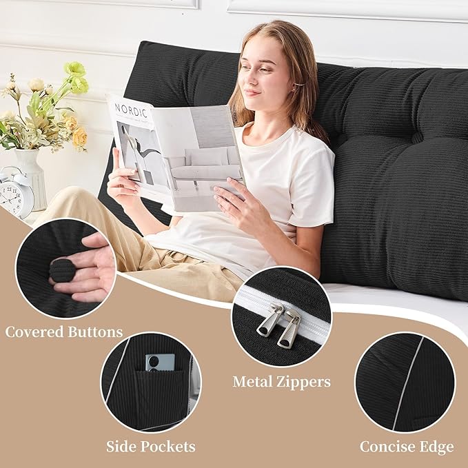 Sasttie Headboard Pillow Twin/Twin XL, Wedge Pillow Headboard for Dorm, Triangular Daybed Backrest Cushion for Sitting or Reading in Bed, with Removable Washable Cover, Black